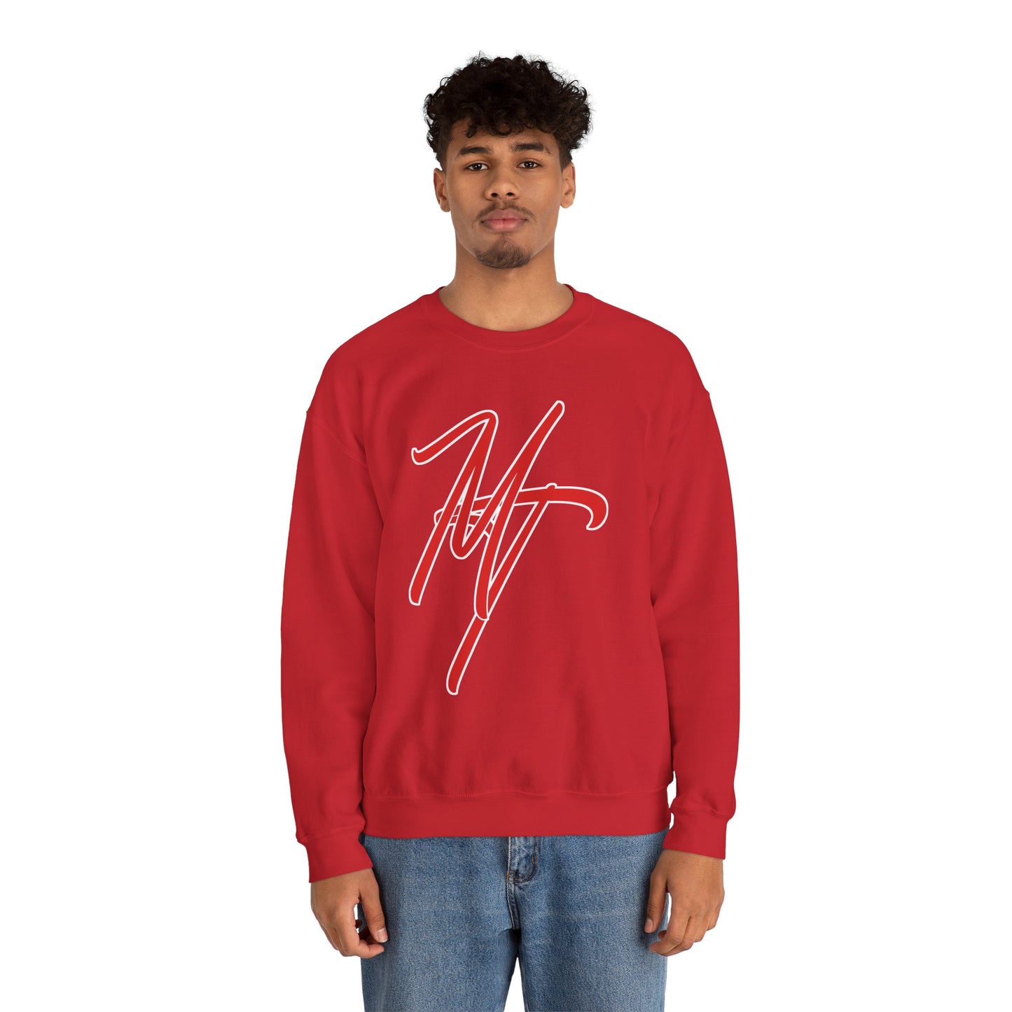 Stylish Unisex Heavy Blend Crewneck Sweatshirt with Bold Red Design