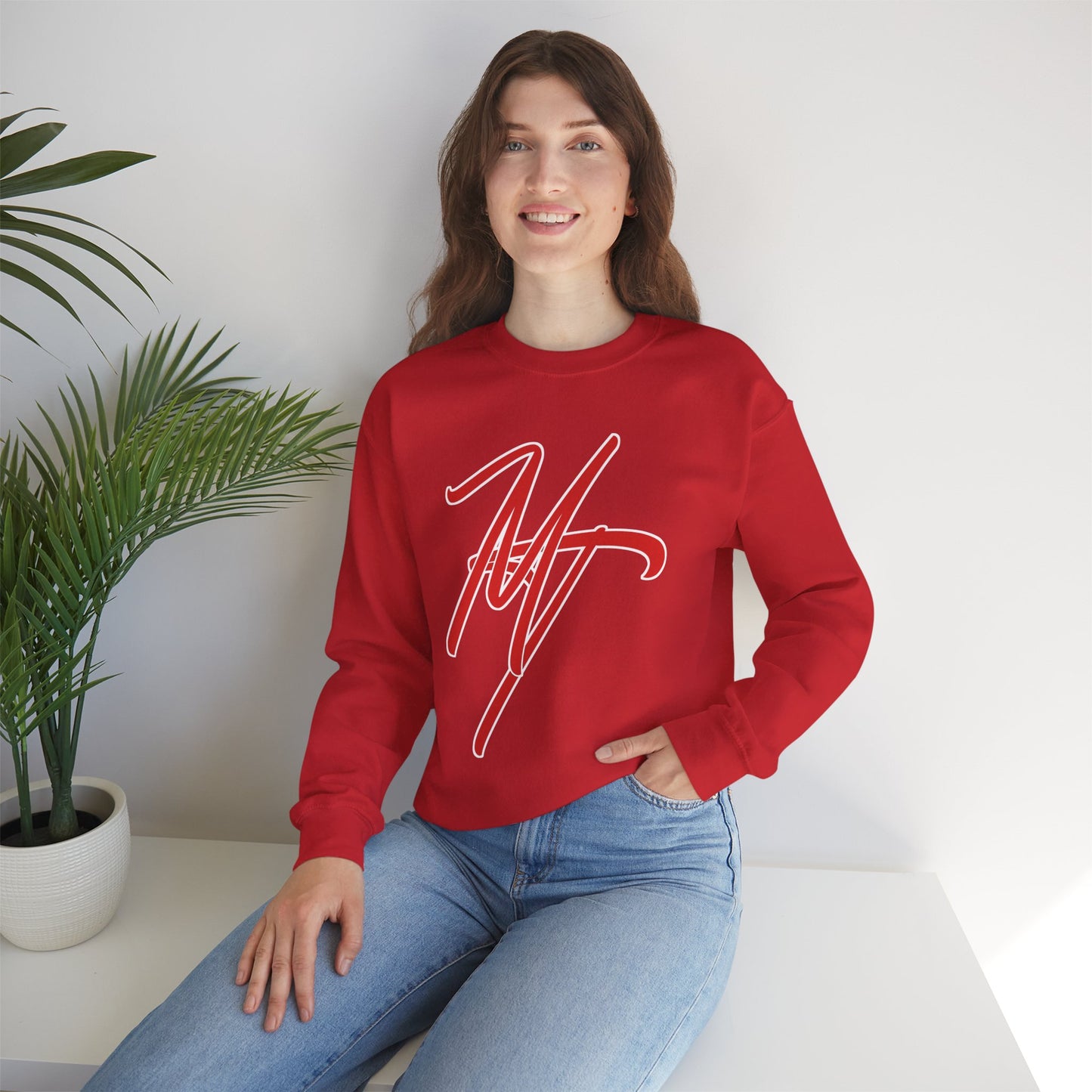 Stylish Unisex Heavy Blend Crewneck Sweatshirt with Bold Red Design